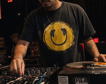 Comfort Colors® 1717 Retro Smiley Face DJ Headphones Shirt, DJ Life Tee, Music Lover Gift, EDM Festival Shirt, Music Producer Gift, Gaming