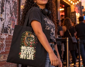 Music Saved My Life Tote Bag, Music Lover Gift, Floral Canvas Tote, Cottagecore Bag, Concert Tote, Music Teacher Gift, Vintage Speaker Art