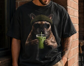 Frenchie Iced Matcha Shirt, Funny French Bulldog Tee, Cool Dog Sunglasses Shirt, Hipster Coffee Lover Gift, Dog Mom Dad Shirt, Dog Lover Tee