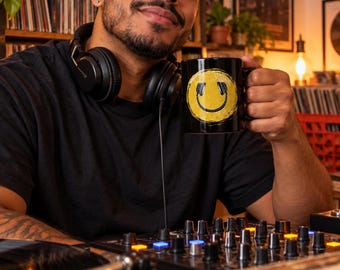 Headphone Smiley Face Mug, Music Lover Gift, DJ Coffee Mug, Music Teacher Gift, Musician Gift, Producer Mug, Retro Smiley Mug, Gift for Him