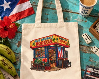 Puerto Rico Tote Bag, Boricua Bodega Canvas Tote, Puerto Rican Gift, Nuyorican Grocery Bag, Latina Gift, Que Brutal Tote, Coqui Market Bag