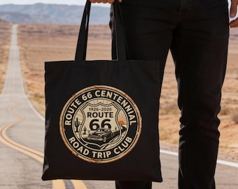Route 66 Centennial Tote Bag, 1926-2026 Route 66 Road Trip Club Design, Vintage Americana Canvas Tote, Travel Gift for Route 66 Fans, Travel