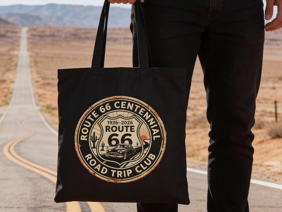 Route 66 Centennial Tote Bag, 1926-2026 Route 66 Road Trip Club Design, Vintage Americana Canvas Tote, Travel Gift for Route 66 Fans, Travel