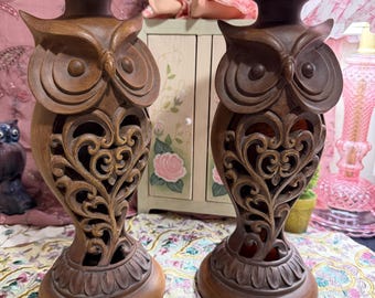 vintage set of 2 wooden owl candle holders