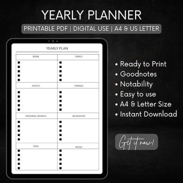 Instant Downloadable Undated Yearly Planner, Yearly To Do List, Family Planner, Yearly Health Journal, Personal Growth, Yearly Action Plans