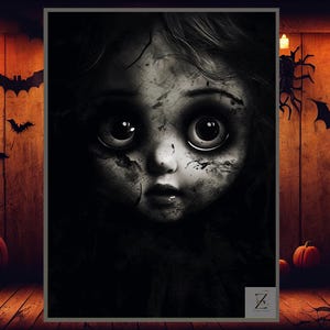Creepy Doll in Darkness Printable - Eerie Wall Art, Halloween Decor, Spooky Eyes, Haunted Doll Art, Gothic Home Decor, Digital Print 22