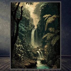 jungle print |waterfall Jungle poster |Tropical Print |Vintage Poster| Room Decor |Wall Art Print | Instant Download |Printable