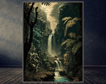 jungle print |waterfall Jungle poster |Tropical Print |Vintage Poster| Room Decor |Wall Art Print | Instant Download |Printable