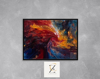 Fiery Abstract Universe Painting - Bold Red, Orange, and Blue Cosmic Swirl Wall Art, Space Print, Digital Download 11