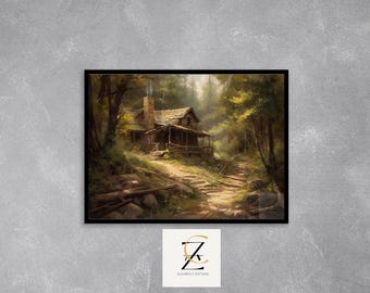 Rustic Cabin in the Woods Oil Painting Digital Print - Etsy