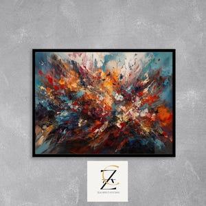 Puede incluir: Pintura abstracta con una explosión de colores, incluyendo azul, rojo, naranja y amarillo. La pintura tiene un efecto texturizado, de pinceladas.
