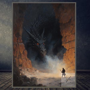 May include: An artistic print showing a dark dragon in a cave, with a figure holding a sword. The dragon has red eyes and is surrounded by smoke. The cave walls are a warm orange colour.