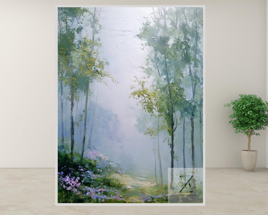 Abstract Spring Forest Wall Art - Tranquil Oil Canvas With Misty Path ...