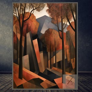 May include: A rectangular wall art print featuring a geometric landscape painting with stylised trees in shades of orange, brown, and black. The composition includes angular mountain shapes in blue and grey tones, with a small logo in the bottom right corner.