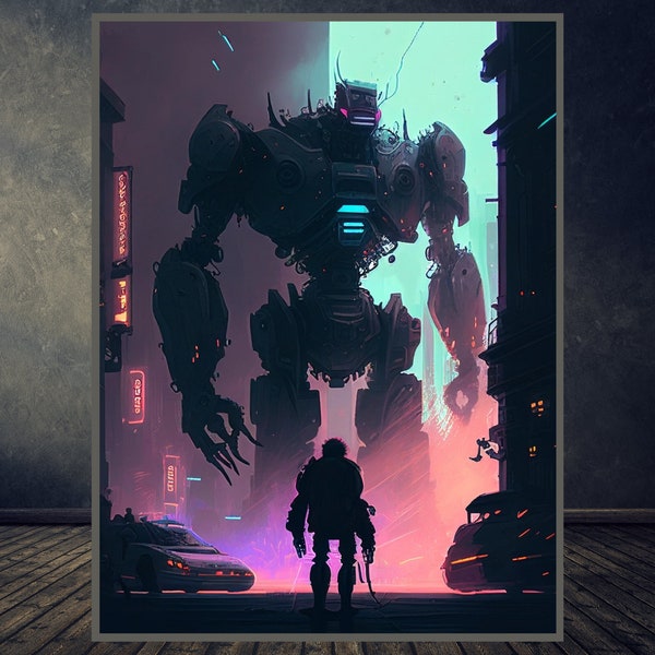 Gaint Robot Poster| Sci-Fi Canvas Print| Gaint Robot Print |Neon City Poster|Room Decor| Wall Art Print | Instant Download |Printable