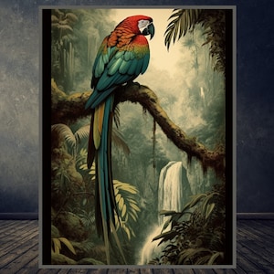 Arte de cascada, arte de pared relajante, póster de JUNGLA, descarga digital, fondo escénico, plantas rebosantes, arroyo sereno, guacamayo, arte de pared decorativo