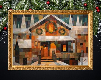 Cubist Winter Holiday House - Cozy Festive Wall Art, Snowy Rustic Village Scene, Abstract Cubism Print, Christmas Decor, Download 4