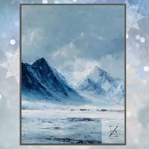 May include: An abstract landscape painting featuring a snow-covered mountain range under a cloudy sky. The artwork uses shades of blue and white to depict the mountains and the snowy foreground. The painting has a textured, brushstroke style.