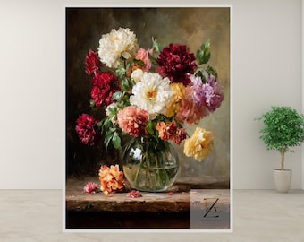 Vintage Blooming Flowers Still Life - Rustic Oil Painting, Printable Wall Art, Cottagecore Decor, Floral Vase Print, Botanical Art 4