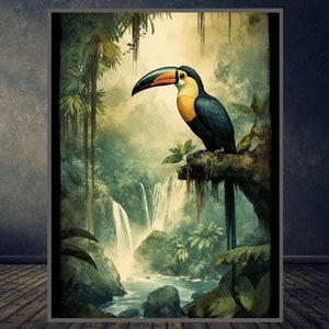 WASSERFALL KUNST|Entspannte Wandkunst|JUNGLE Poster| Digitaler Download| Malerischer Hintergrund|Sanft Pflanzen Gelassener Strom| Ara Vogel |Wand Kunst Dekor