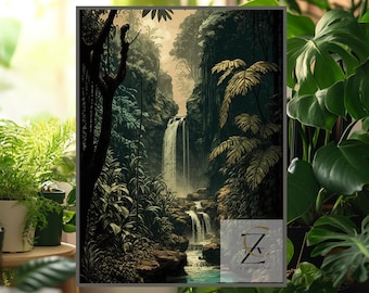 Impresión vintage de selva, cascada, póster de selva, impresión tropical, póster vintage, decoración de habitación, impresión de arte de pared, descarga instantánea, imprimible