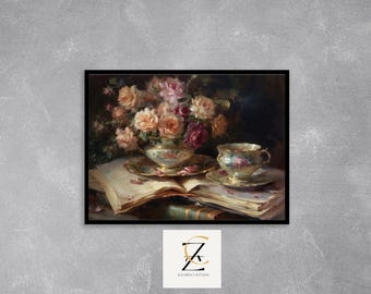Vintage Tea and Roses Printable Wall Art - Romantic Victorian Teacup Painting, Cottagecore Floral Still Life, Digital Art Download 2