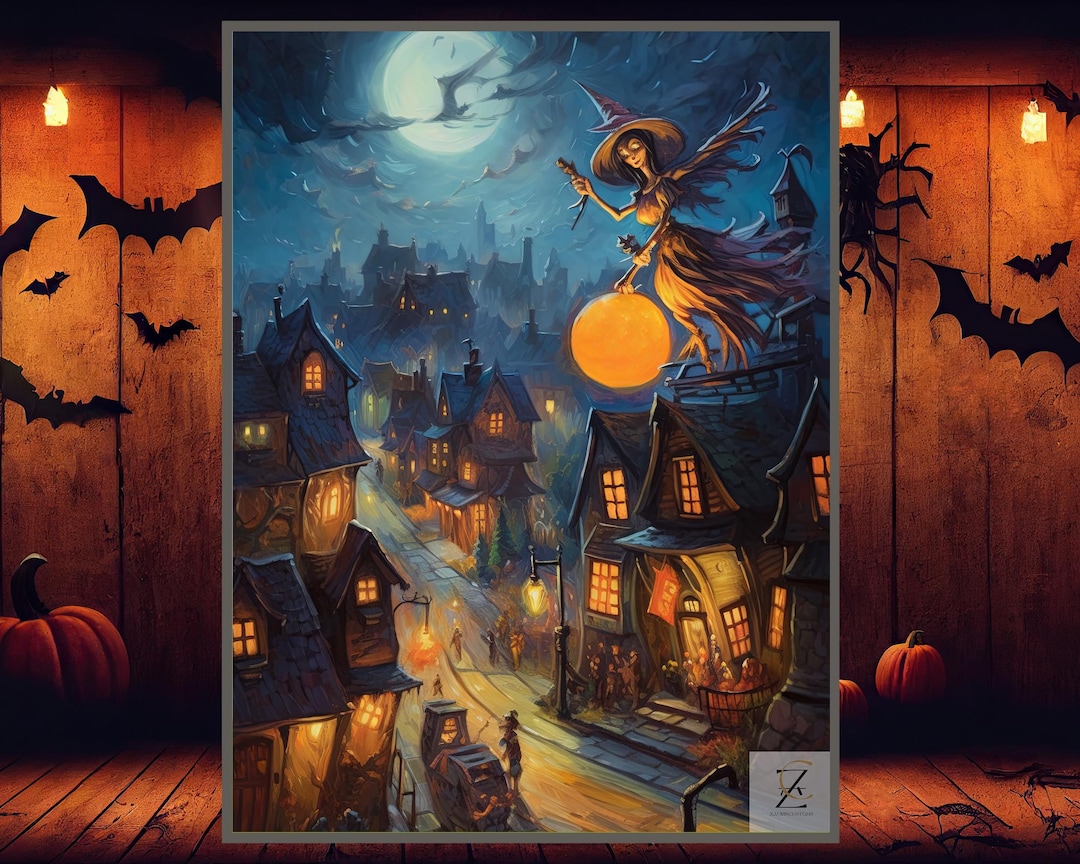 Spooky Rooftops Halloween Witch Rooftop Scene - Spooky Village Night, Full Moon Holiday ...