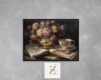 Vintage Tea and Roses Printable Wall Art - Romantic Victorian Teacup Painting, Cottagecore Floral Still Life, Digital Art Download 1