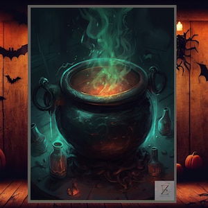 Printable Halloween Cauldron Art - Spooky Potion Brewing Scene, Rustic Wall Decor, Witchy Cottagecore, Haunted Autumn Vibe, Digital Print 21