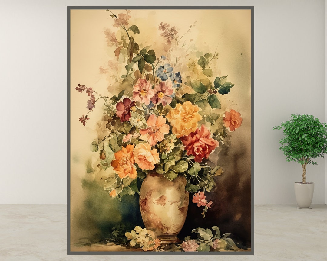Printable Vintage Flower Bouquet Painting - Cozy Cottagecore Wall Art ...