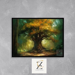 May include: A framed art print depicting a large tree in a forest. The tree has a thick trunk and a full canopy of golden and orange leaves. The artwork is in a painterly style, with soft brushstrokes and a warm colour palette. The print is displayed on a grey wall.