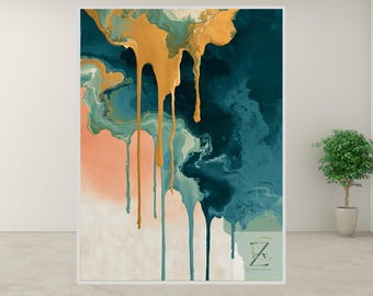 Abstract Oil Canvas Fluid Art - Moody Coastal Colors, Contemporary Painting with Organic Drips, Printable Wall Art Download, Digital Print 7