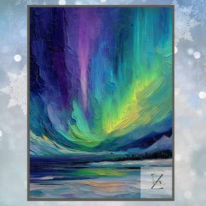 May include: An abstract painting of the aurora borealis. The artwork features vibrant brushstrokes of purple, blue, green, and yellow, depicting the dancing lights over a snowy landscape. The painting is framed.
