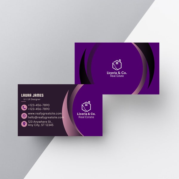 Purple and Black Modern Professional Business Card Landscape | Creative Card Couture  |Editable | Printable  |Canva Print