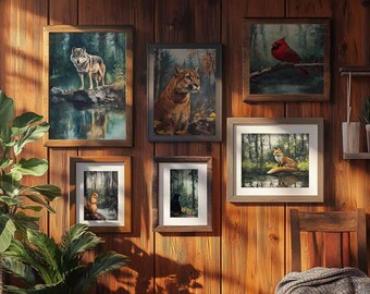 Rustic Forest Animal Printable Wall Art Set of 6, Woodland Creatures Art, Vintage Nature Prints, Cottage Decor, Wildlife Painting Bundle 1