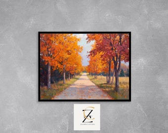 Rustic Autumn Country Lane Painting - Printable Fall Landscape Art, Earthy Nebraska Scene, Cottagecore Road Decor, Digital Wall Art 7