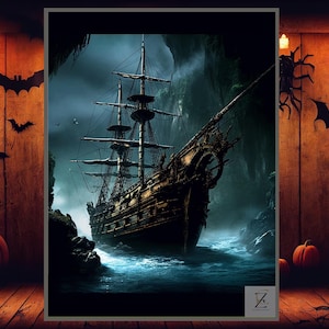 Barco pirata embrujado en el mar iluminado por la luna: arte mural náutico espeluznante, escena oceánica fantasmal, decoración de Halloween, descarga digital imprimible 42