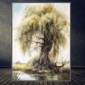 WEEPING WILLOW, Giant Enchanting Tree Wall art,  Tree Painting, Willow tree watercolor Artwork for DIGITAL Download