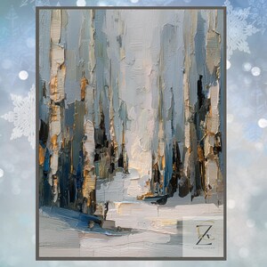 Peut inclure: Peinture à l'huile abstraite d'une scène de forêt hivernale. L'œuvre présente des coups de pinceau verticaux dans des tons de bleu, de blanc et d'or, représentant des arbres et un sentier enneigé. La peinture a un style texturé, impasto, avec une sensation de profondeur et de lumière.