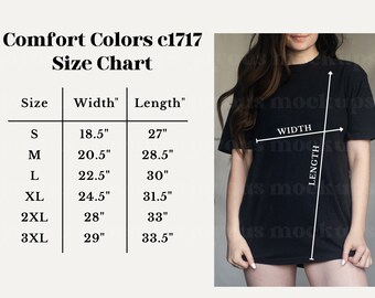 Comfort Colors C1717 Size Chart, Unisex T-shirt Size Chart, Comfort Color Mockup, T-shirt Size Chart Mockup, Comfort Colors Size Chart