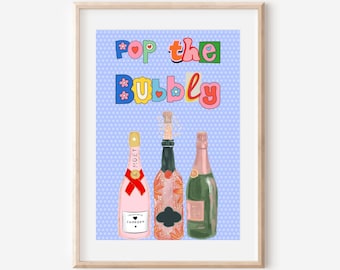 Modny niebieski wydruk college'u, pobieranie cyfrowe, sztuka ścienna Preppy, wystrój pokoju w akademiku, Pop That Bubbly Wall Art, plakat ścienny Preppy