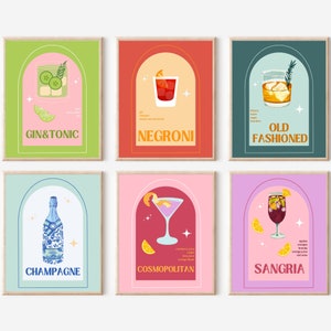 Set of 6 Cocktail Prints | Digital Print Download | Cute Colorful Bar Cart Prints | College Room Decor | Liquor Drink Prints