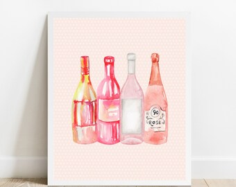 Pink Wine Bottles Art Print, Girly Bar Cart Decor (Digital Download)