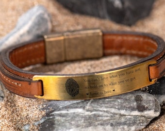 Bracciale personalizzato in pelle e ottone con barretta – Bracciale con nome inciso su misura, regalo per uomo