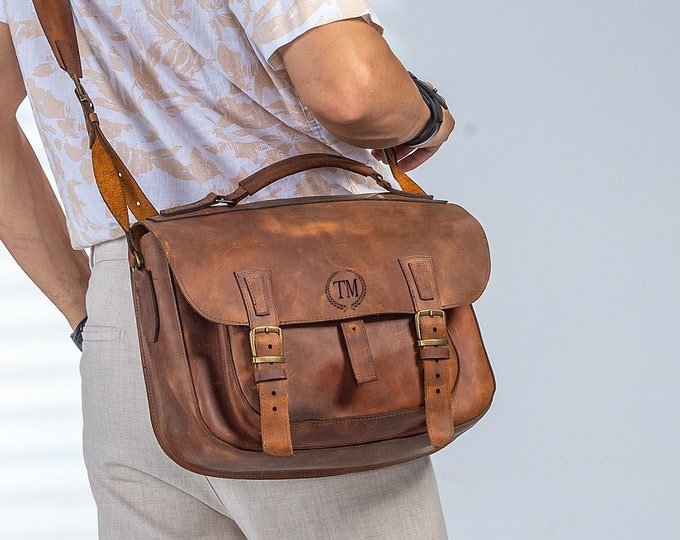Featured listing image: Personalized Leather Briefcase, Leather Custom Messenger Bag, Leather Men's Satchel,Handmade Engraved Laptop Bag,Brown Leather MacBook Bag