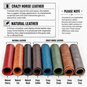 May include: Rolled leather samples in various colors, including red, brown, black, blue, and green. The image includes text describing "Crazy Horse Leather" and "Natural Leather" types, highlighting their unique characteristics and finishes.