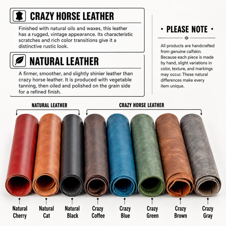 May include: Rolled leather samples in various colors, including red, brown, black, blue, and green. The image includes text describing "Crazy Horse Leather" and "Natural Leather" types, highlighting their unique characteristics and finishes.