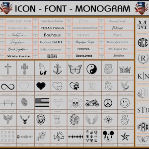 May include: A chart displaying various fonts, icons, and monograms. The fonts are labeled with numbers and names, including "Courier New" and "Texas Tango." Icons include crosses, hearts, and symbols like a butterfly and a yin yang. Monogram examples are also shown.