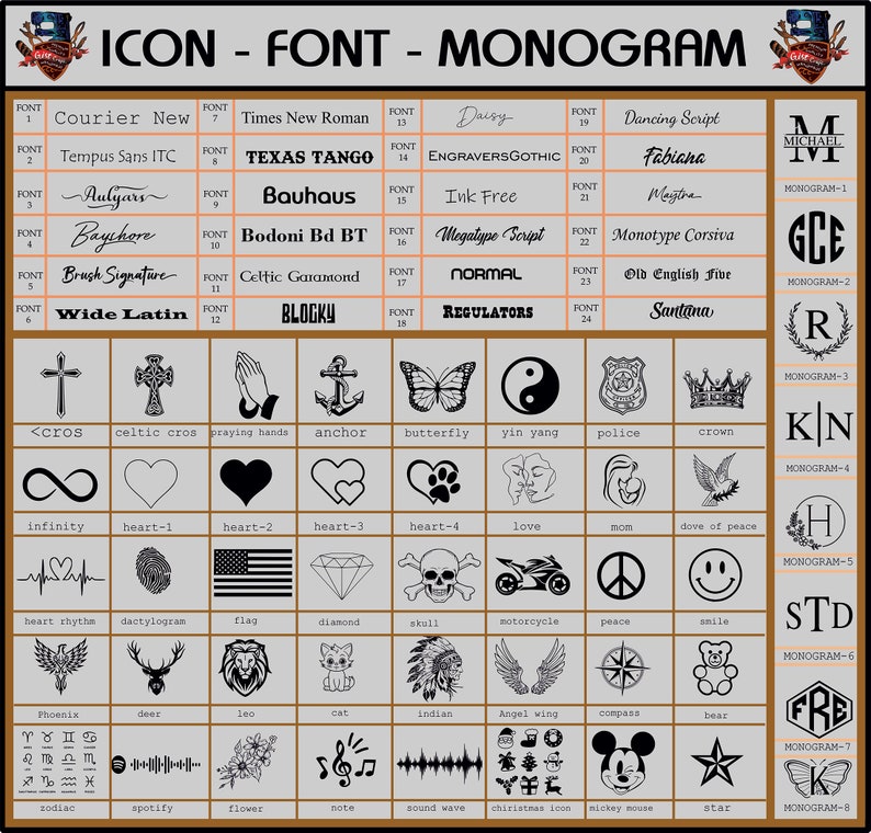 May include: A chart displaying various fonts, icons, and monograms. The fonts are labeled with numbers and names, including "Courier New" and "Texas Tango." Icons include crosses, hearts, and symbols like a butterfly and a yin yang. Monogram examples are also shown.