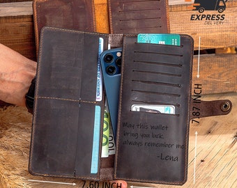 May include: Open, brown leather wallet with multiple card slots and a snap closure. The wallet is 19.3 cm wide and 20 cm tall. Text on the wallet reads, "May this wallet bring you luck, always remember me -Lena."